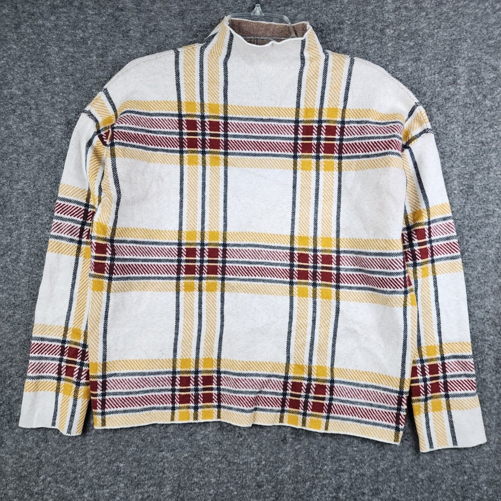 Tahari Plaid Sweater Women Large Cream Yellow Burgundy Mock Neck Long Sleeve